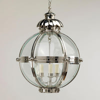 Silver globe lantern, elegant nickel design, side angle.