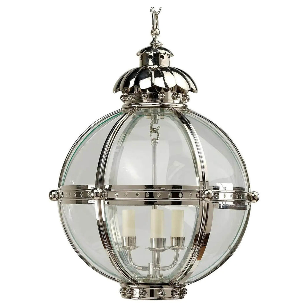 Small globe lantern, nickel finish, close-up view.