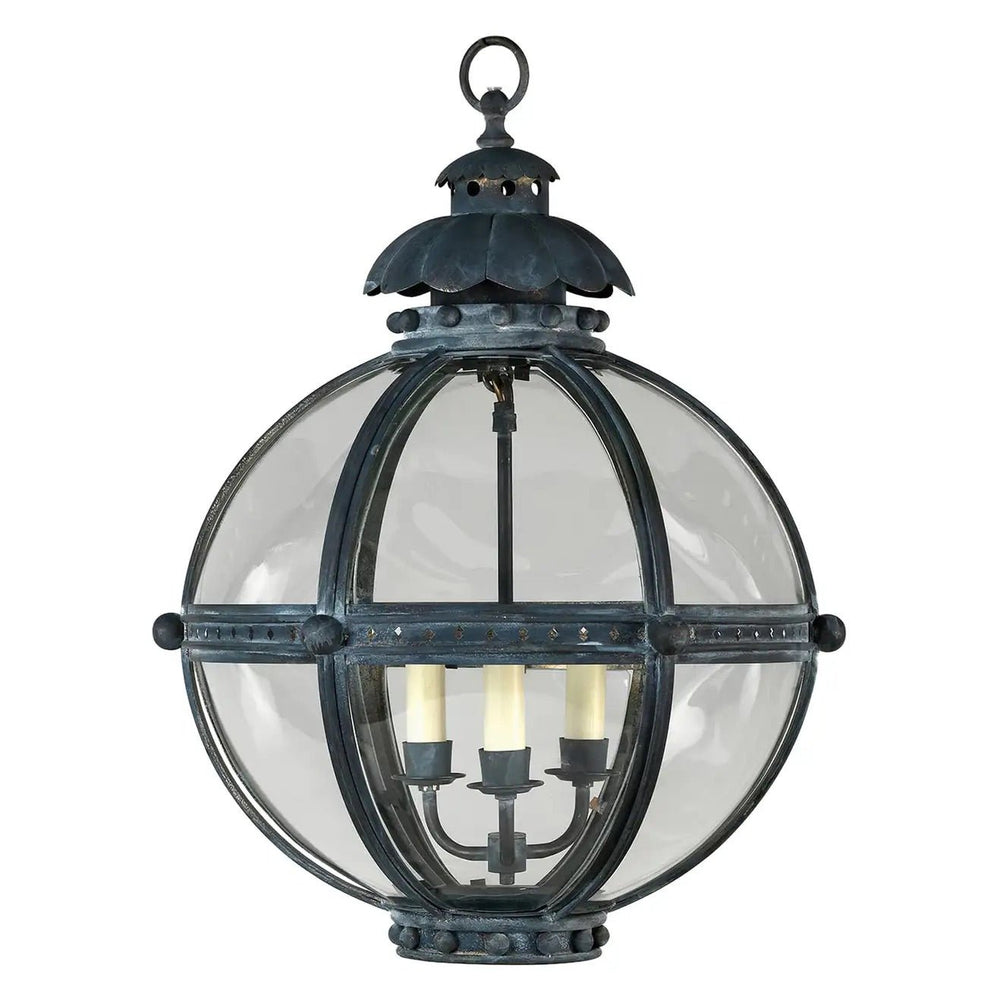 Large globe lantern with zinc finish, front view.