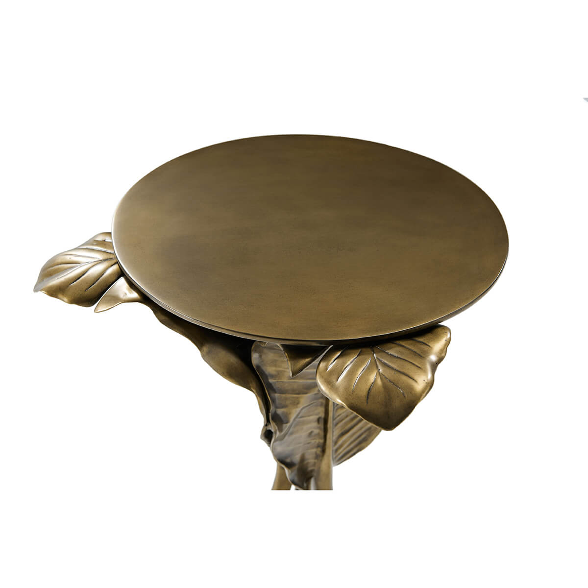 Angled view, Gold Palmetto table with decor leaves.