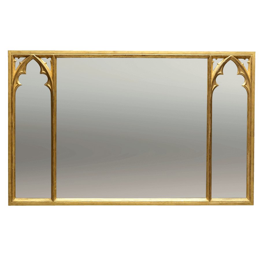 Gothic over mantle mirror with gold frame and arches.