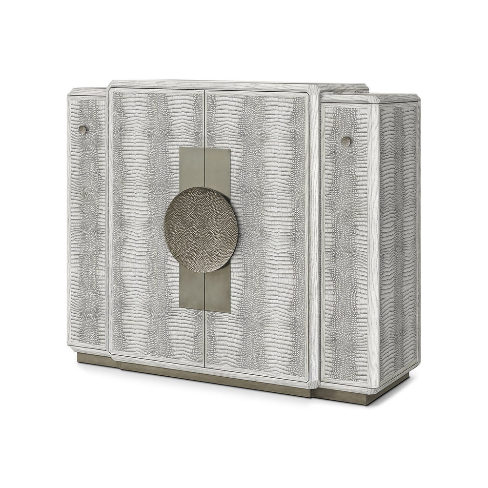 Gray Art Deco bar cabinet angled view closed.