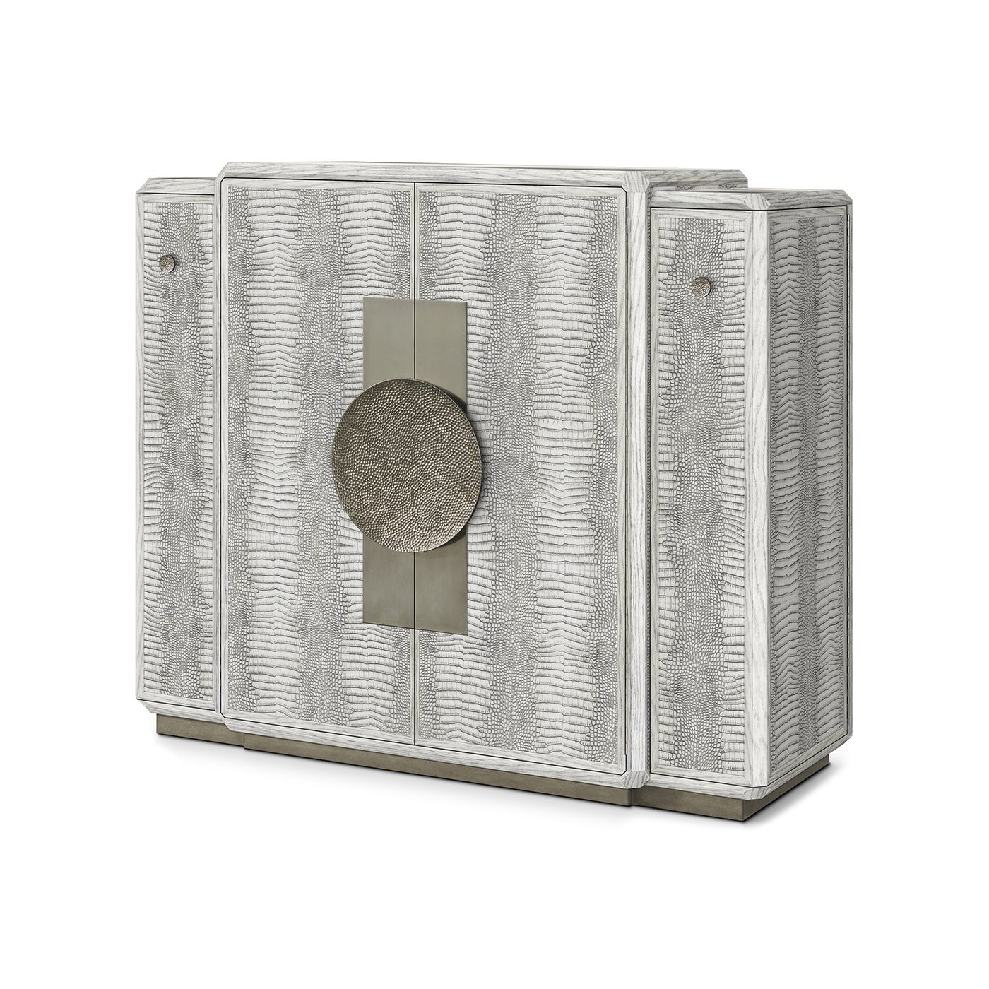 Gray Art Deco bar cabinet angled view closed.