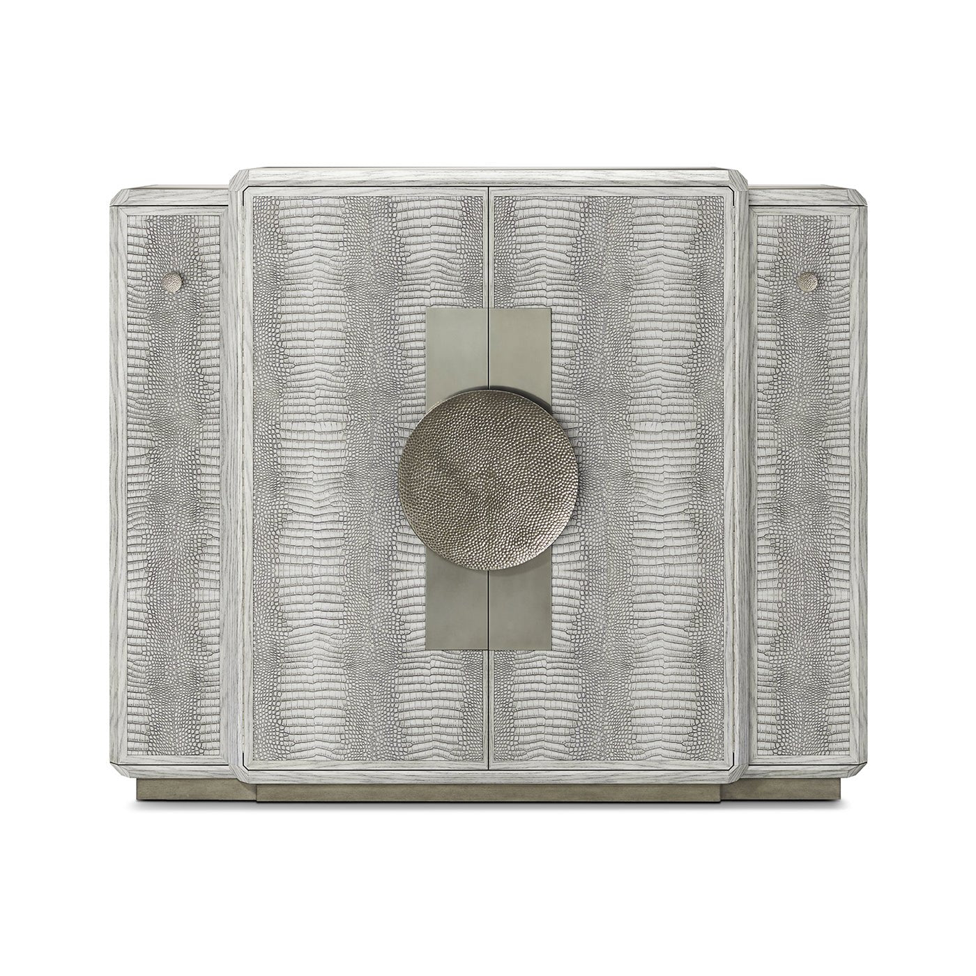 Front view of the closed gray Art Deco bar cabinet.