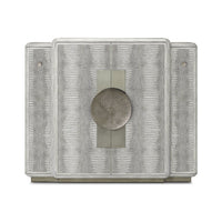 Front view of the closed gray Art Deco bar cabinet.