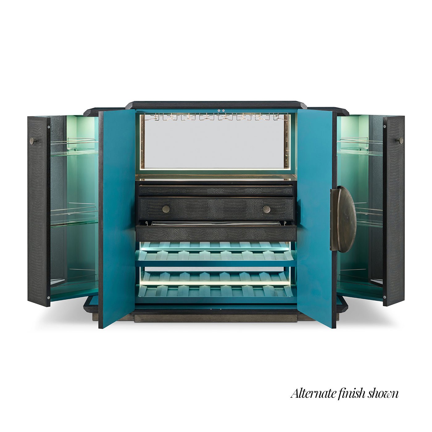 Inside view of bar cabinet with alternate finish, open.