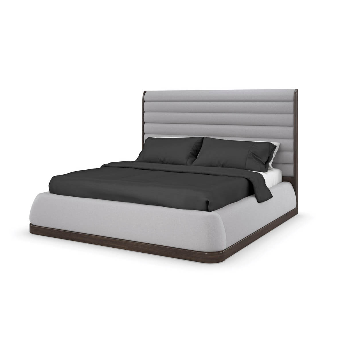 Modern gray channeled king bed side angle view.