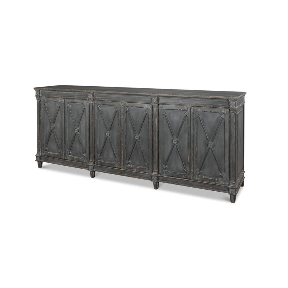 Angled view of gray French Directoire buffet sideboards.