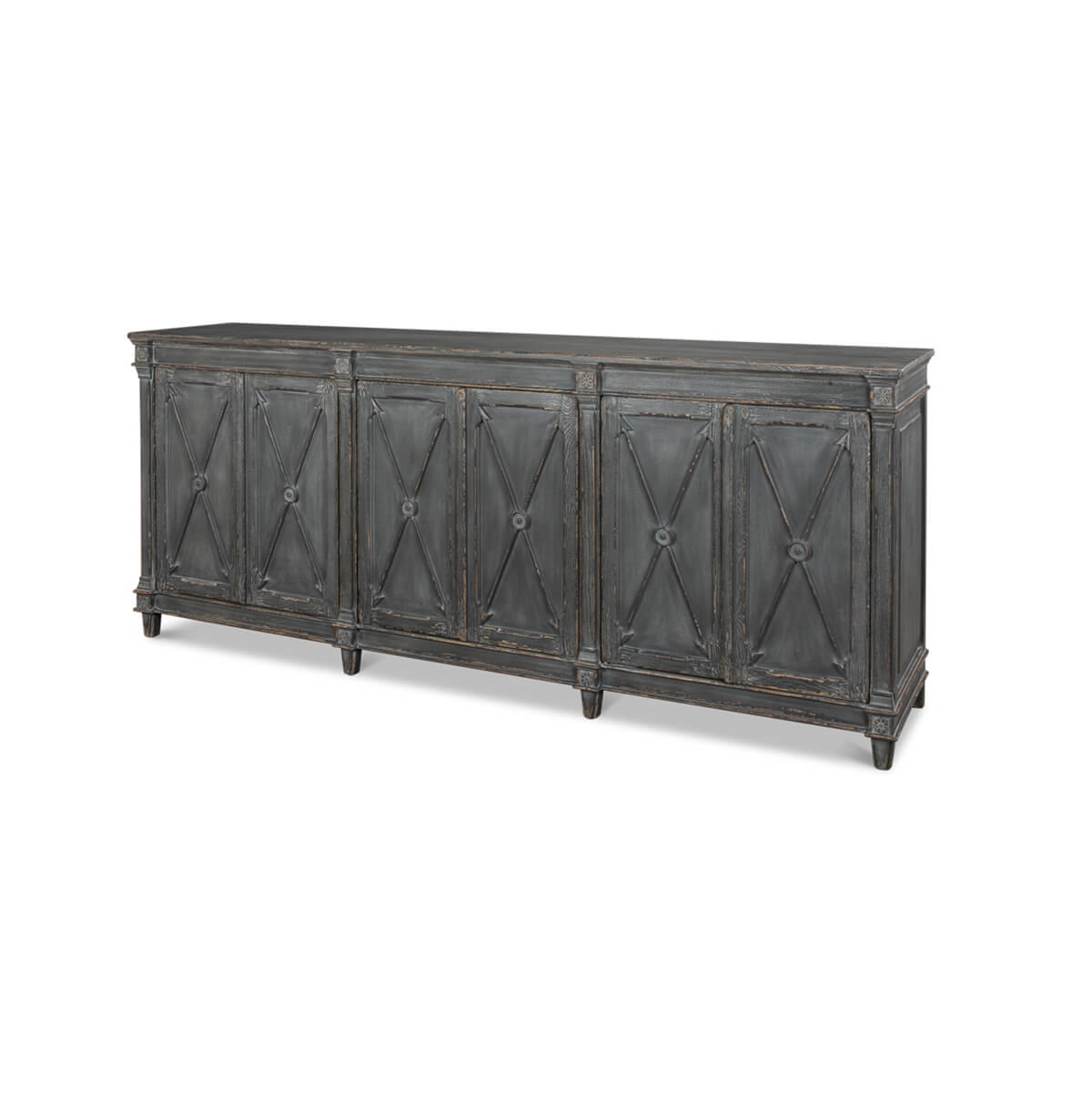 Angled view of gray French Directoire buffet sideboards.