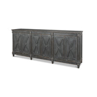 Angled view of gray French Directoire buffet sideboards.