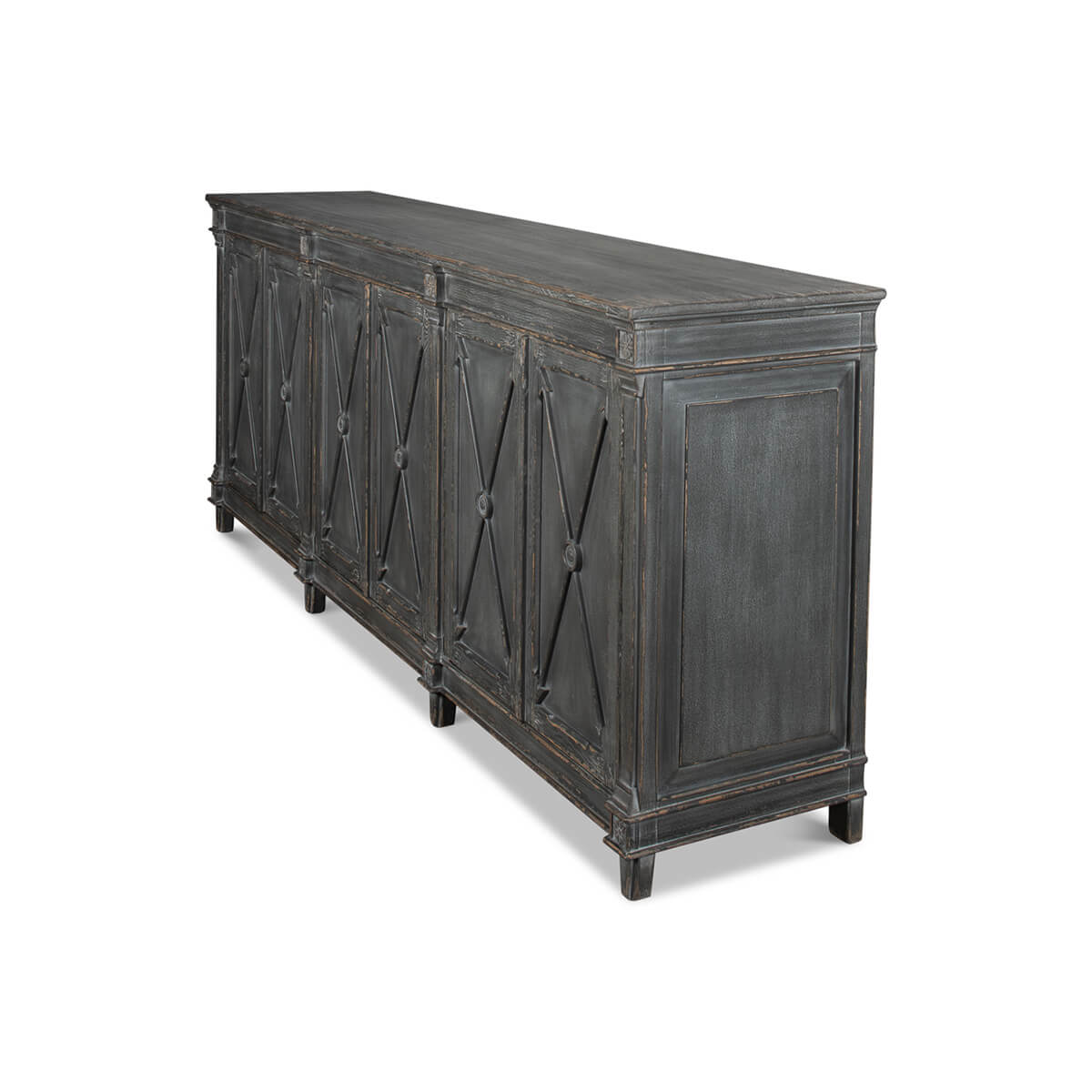 Backside view of gray French Directoire buffet sideboards.