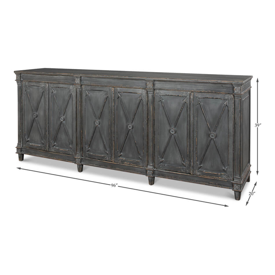 Dimensions of gray French Directoire buffet sideboards.