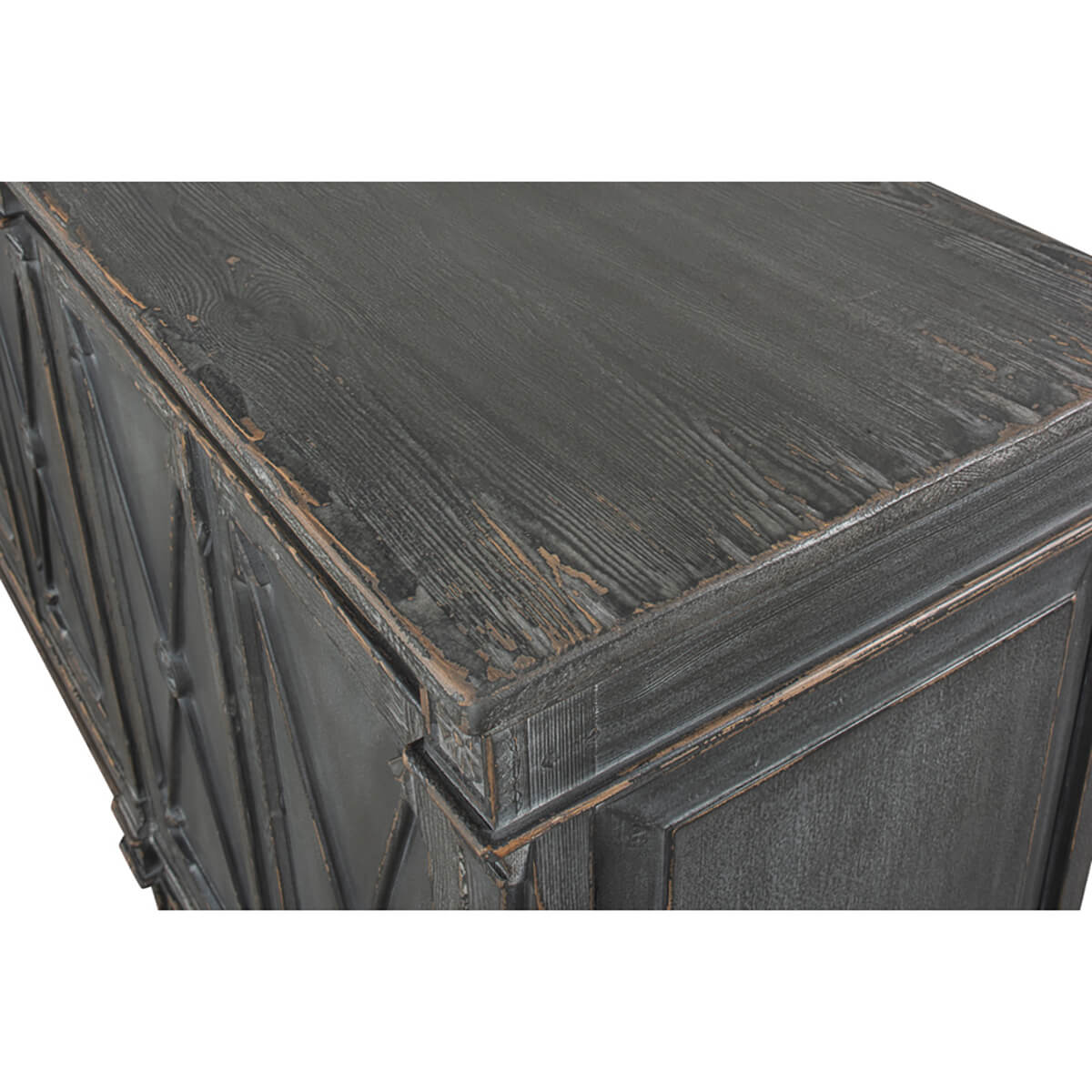 Close-up corner detail of gray French Directoire buffet.
