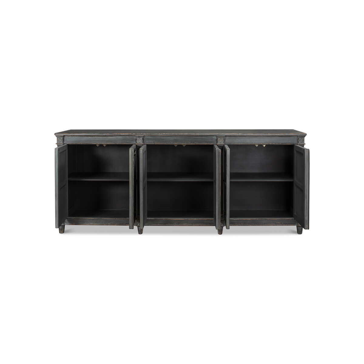 Open doors of gray French Directoire buffet sideboards.
