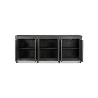 Open doors of gray French Directoire buffet sideboards.