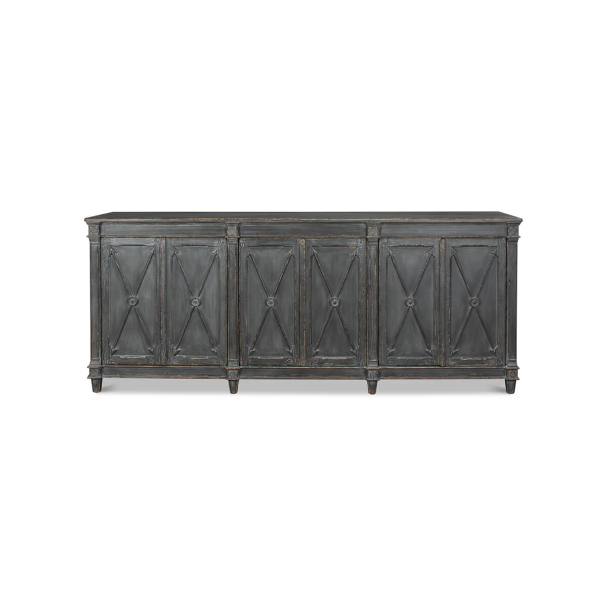 Front view of gray French Directoire buffet sideboards.