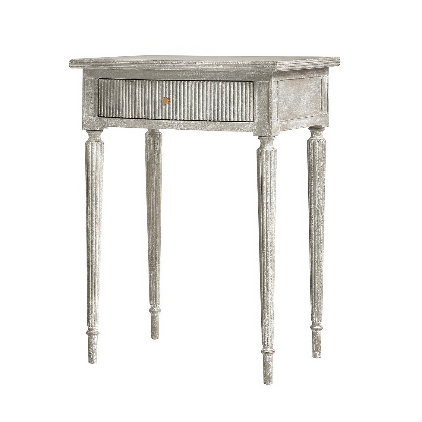 Gray Gustavian side table with fluted drawer detail.