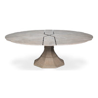 Gray oak extending dining table with herringbone marquetry top and faceted octagonal base