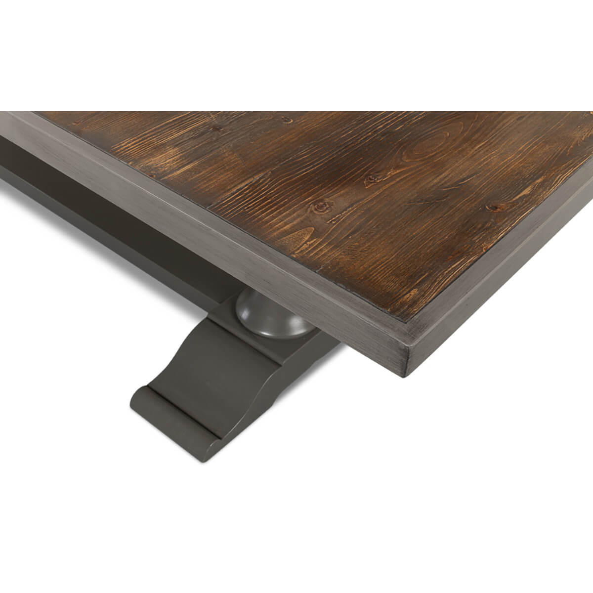 Detailed view of table corner and leg design.