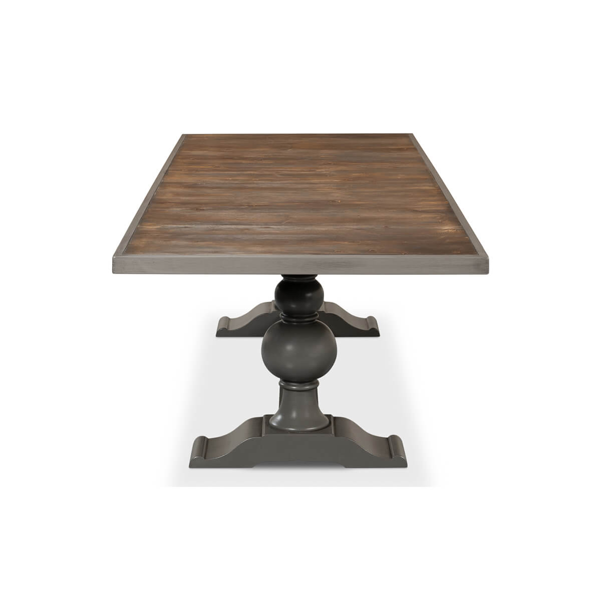End view of gray baroque dining table.