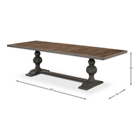 Dimensions of gray baroque dining table shown.