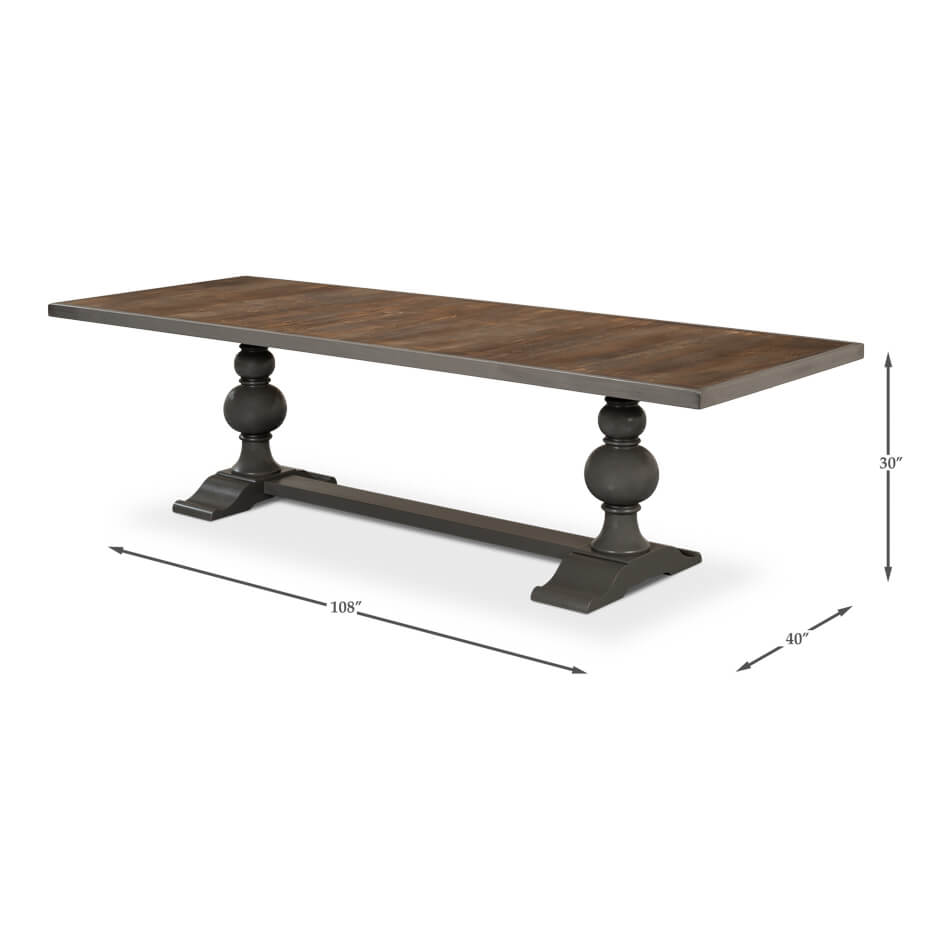 Dimensions of gray baroque dining table shown.