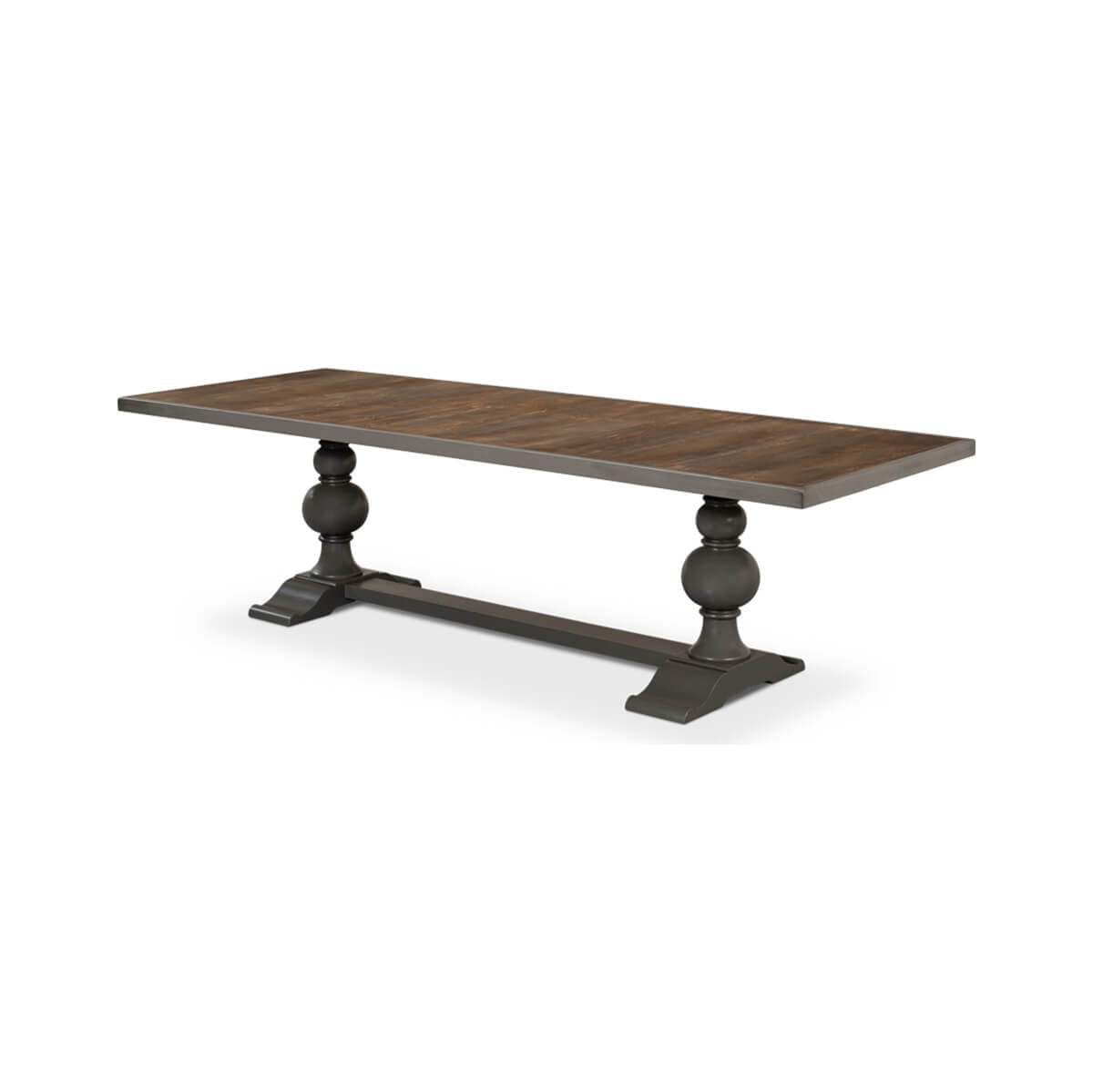 Elegant gray baroque dining table, side angle view.