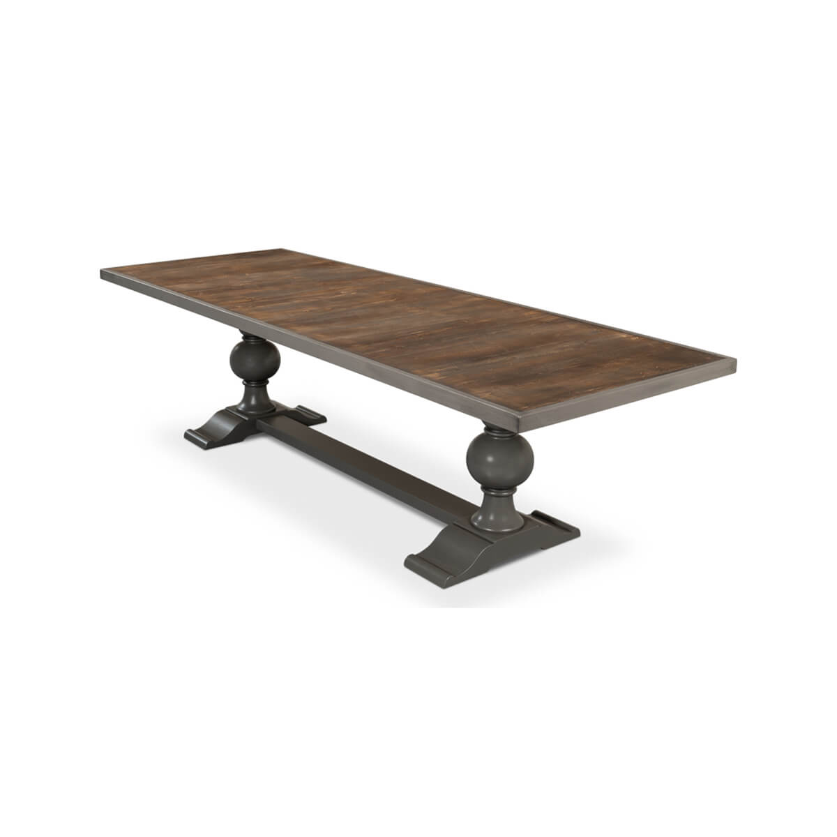 Right side perspective of gray baroque dining table.