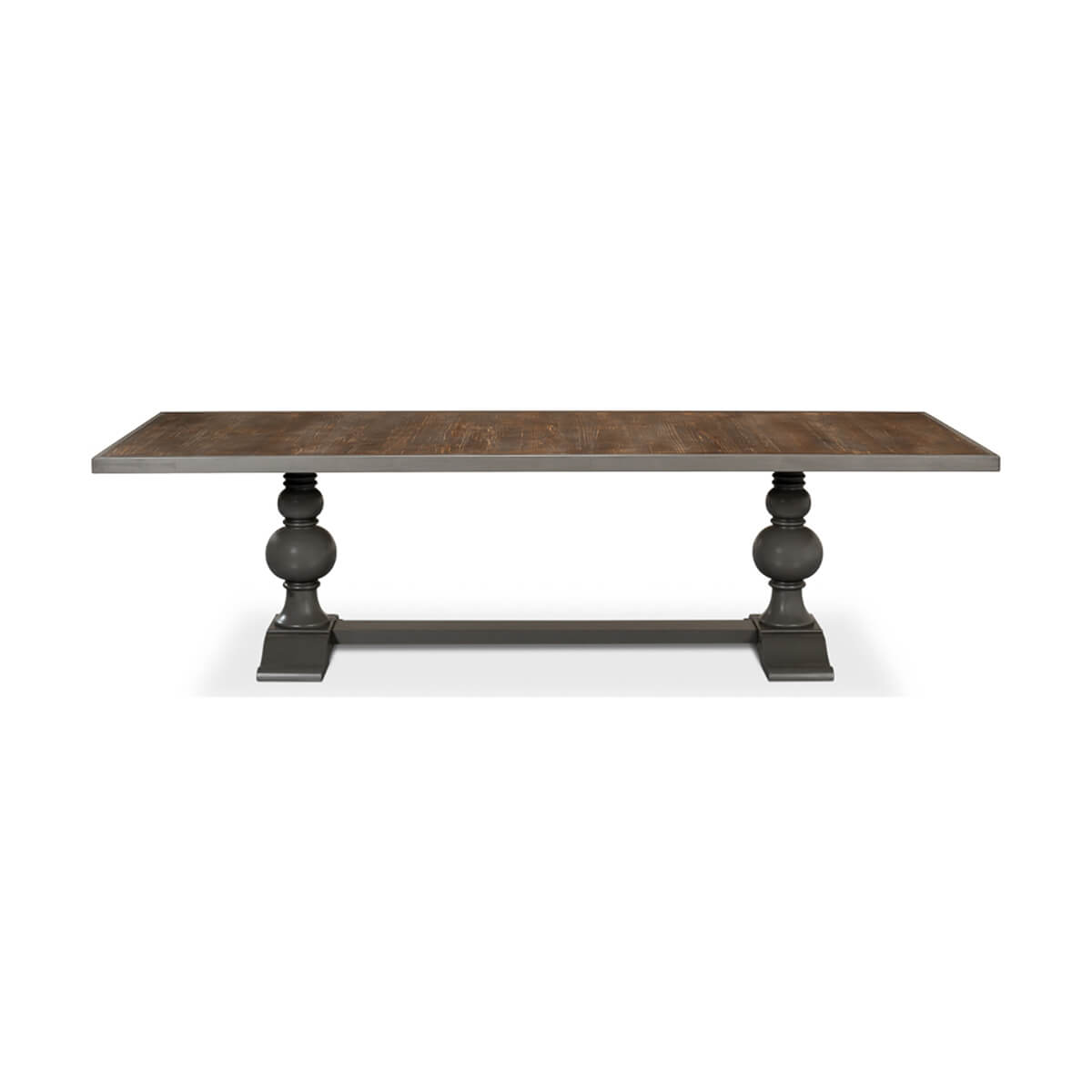 Front view of gray baroque style dining table.