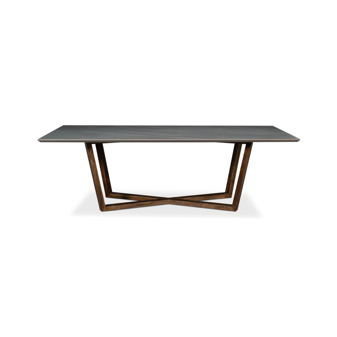 Front view of gray porcelain dining table, modern design.