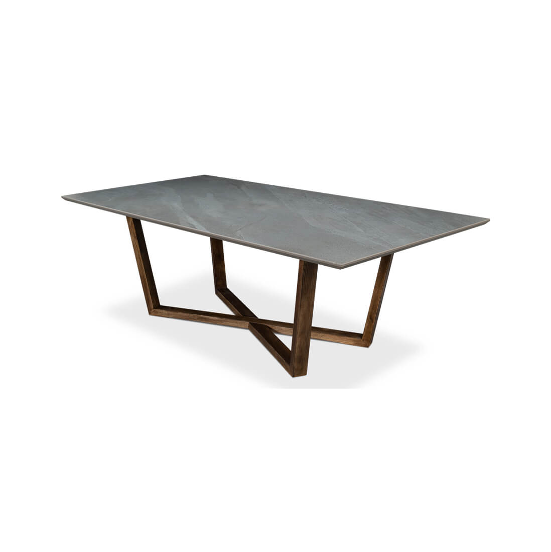 Gray porcelain dining table, perspective view, sleek design.