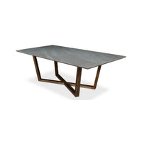 Gray porcelain dining table, perspective view, sleek design.