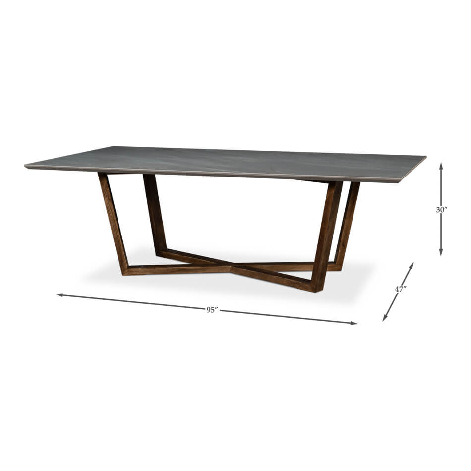 Dimensions diagram of gray porcelain dining table, modern style.