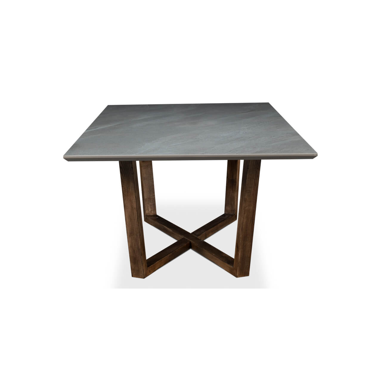 End view of gray porcelain dining table, geometric base.