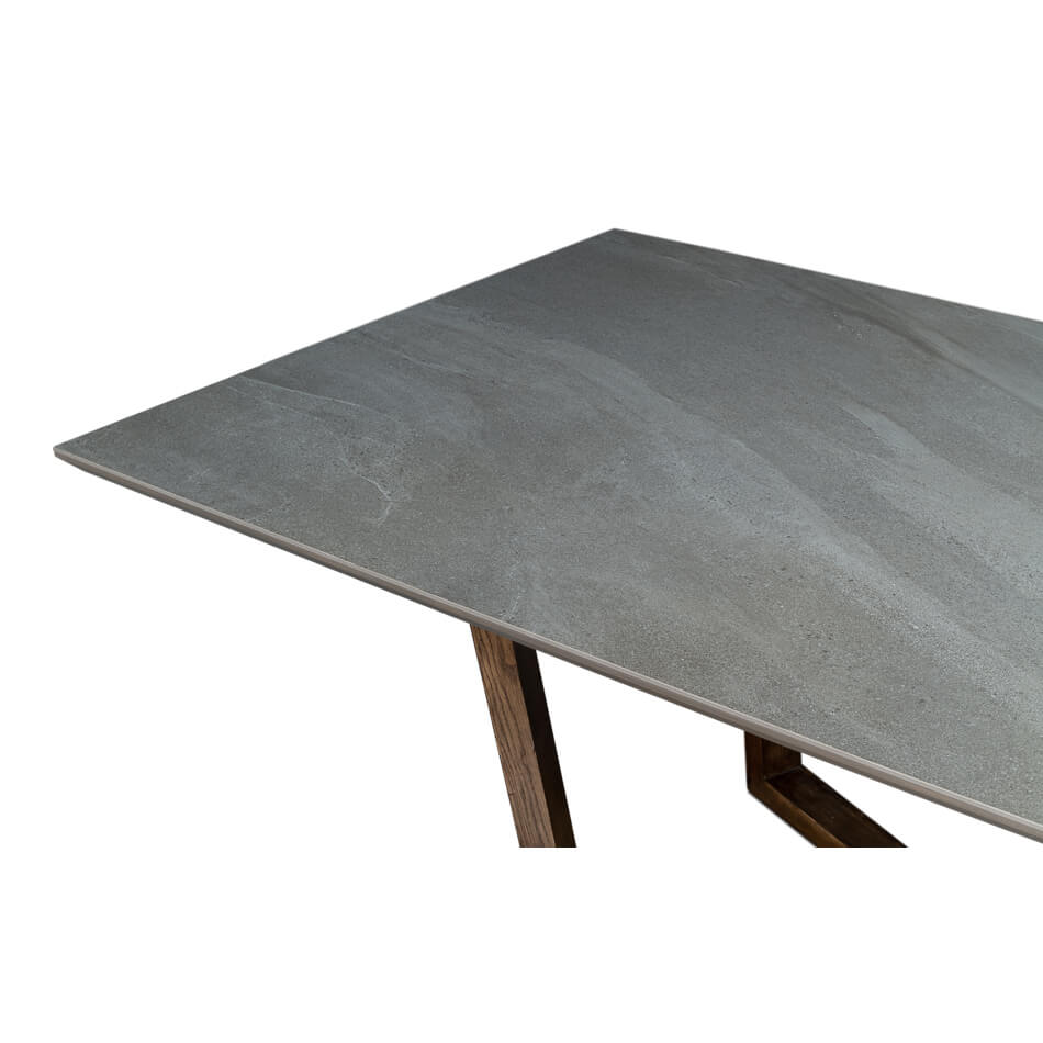 Surface detail of gray porcelain dining table, minimalist design.