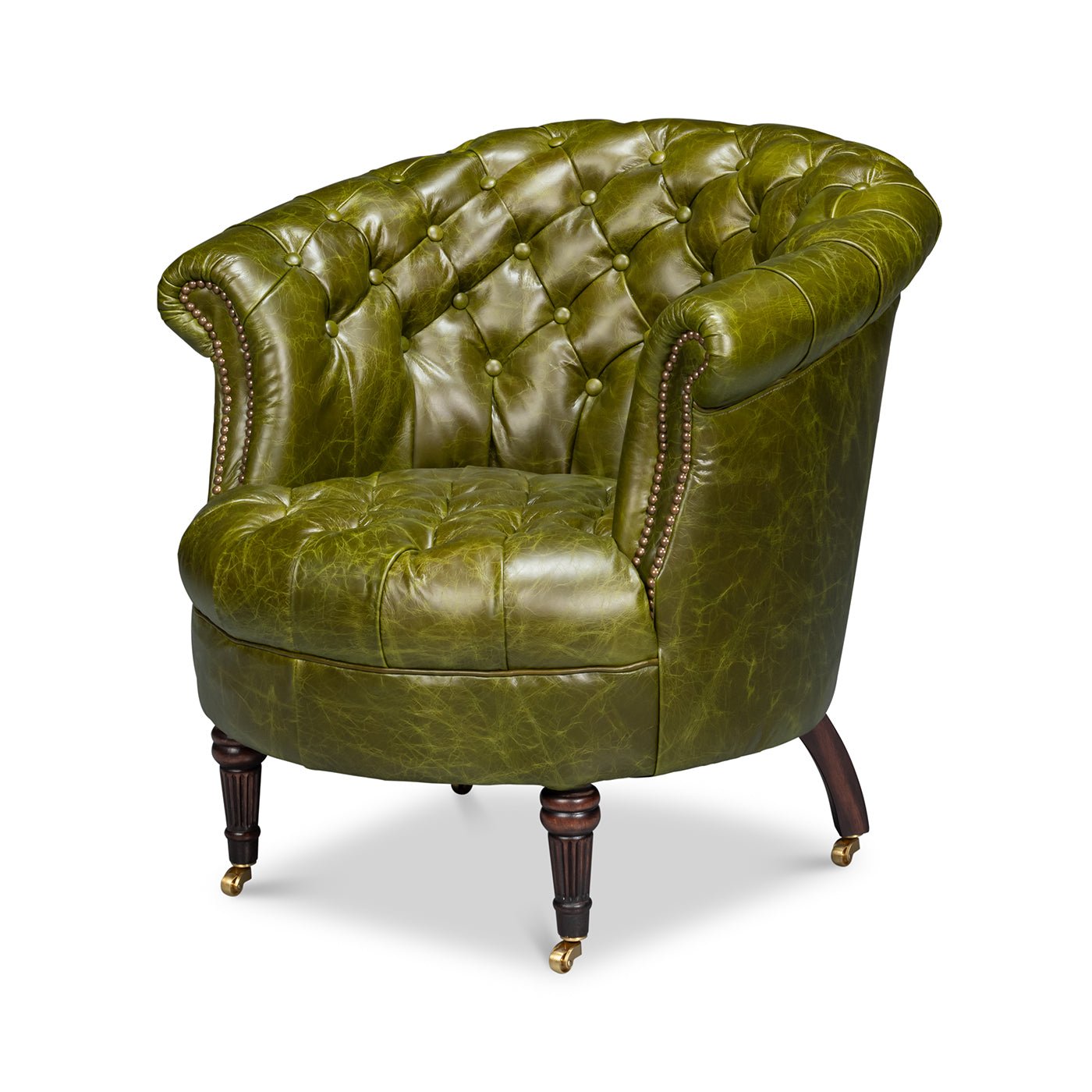 Green leather barrel back chair, angled front view.
