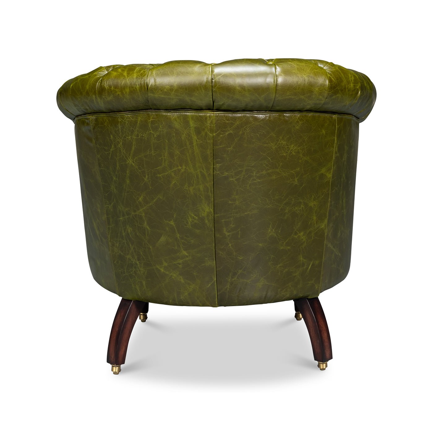 Green leather barrel back chair, back view.