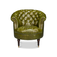Green leather barrel back chair, front view.