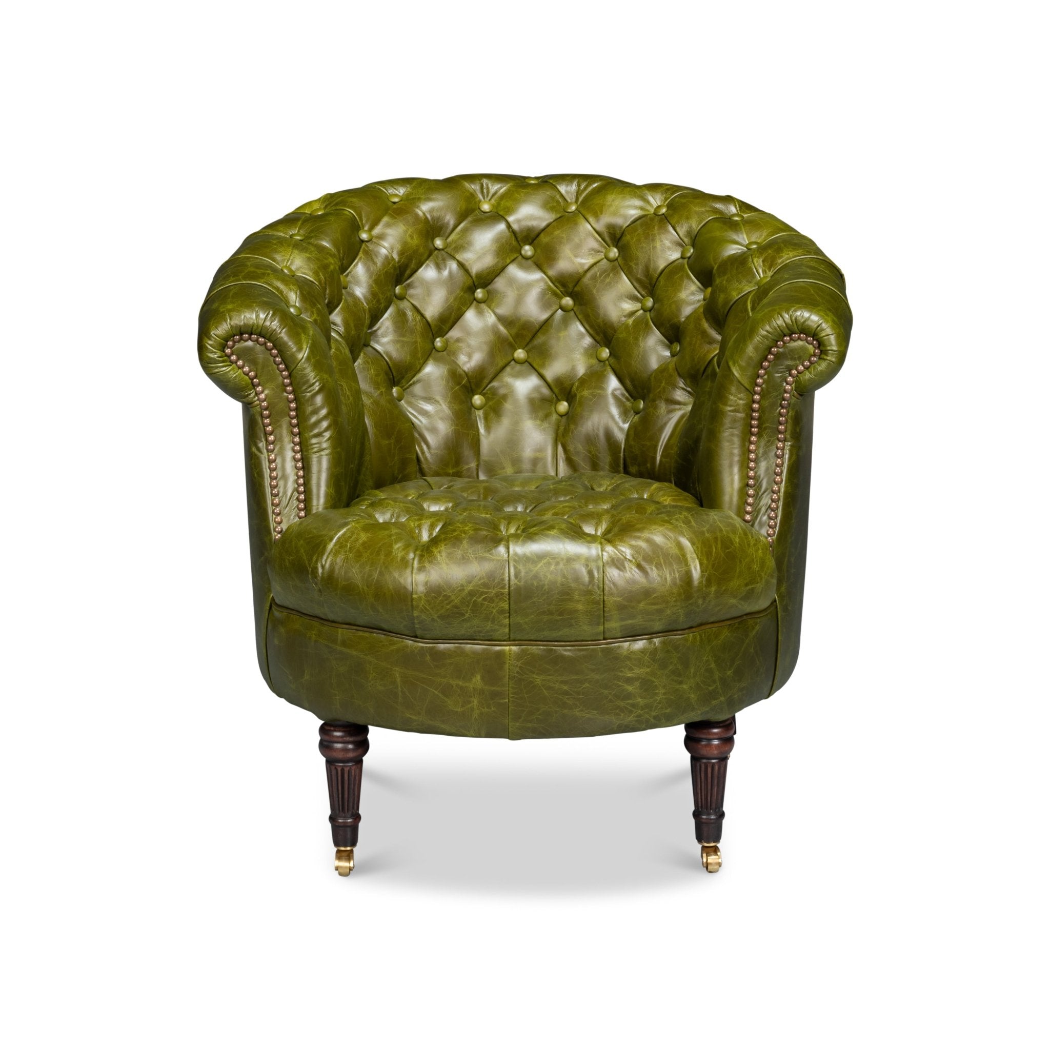 Green leather barrel back chair, front view.