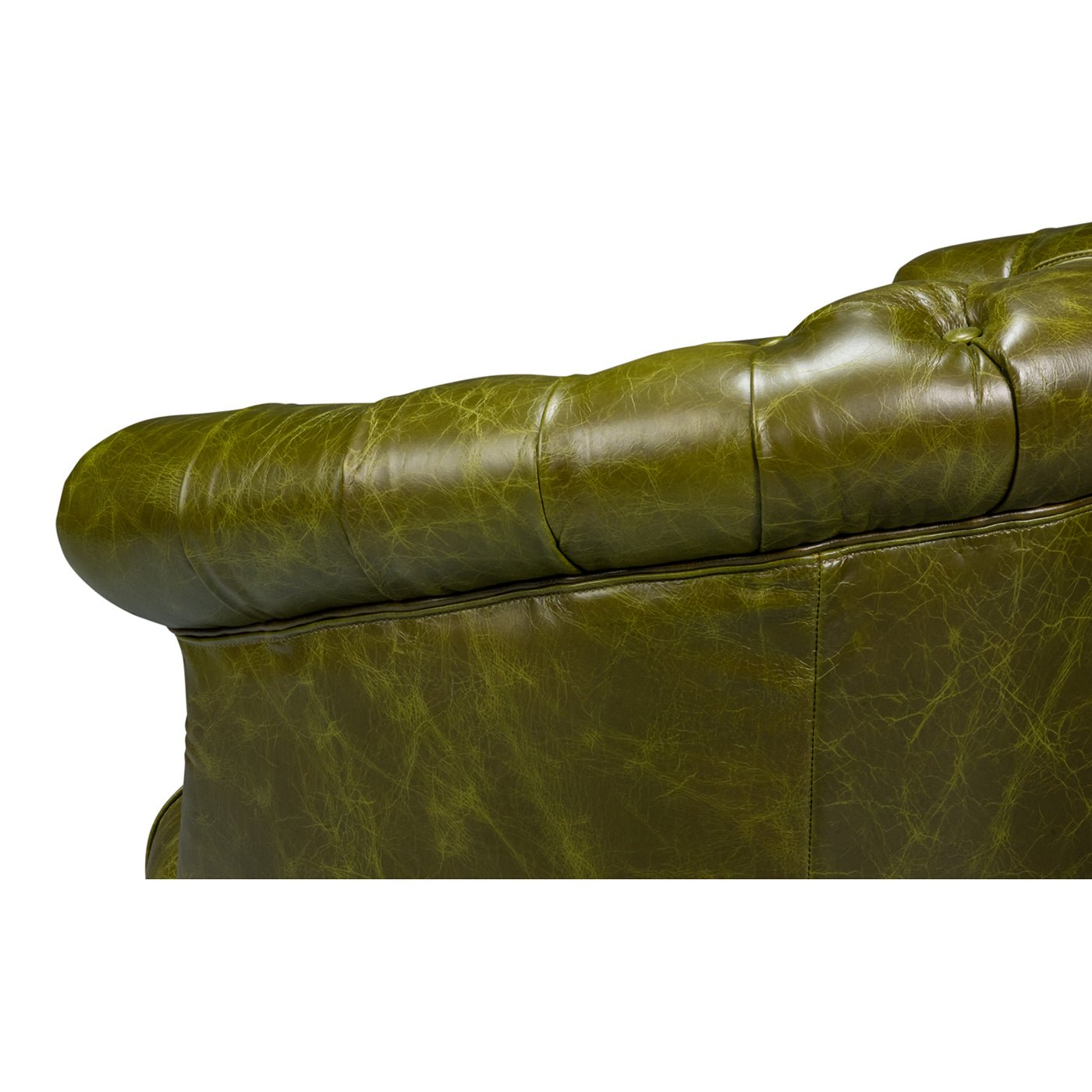 Green leather barrel back chair, side stitching detail.