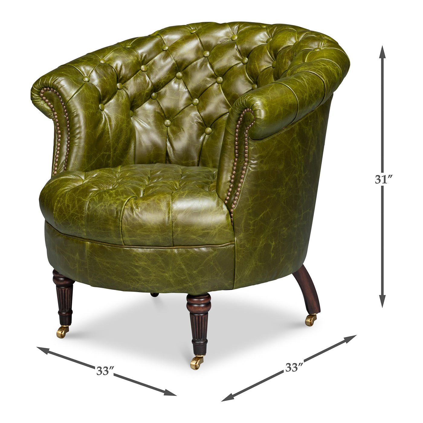 Green leather barrel back chair, dimensions and measurements shown.