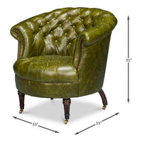 Green leather barrel back chair, dimensions and measurements shown.