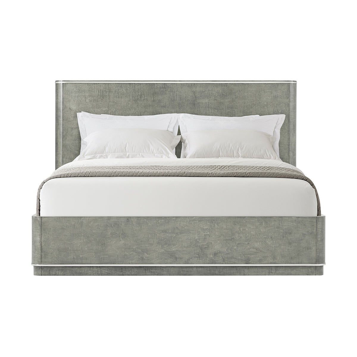 Front view of Grey Art Deco bed frame with pillows.