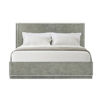 Front view of Grey Art Deco bed frame with pillows.