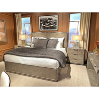 Grey Art Deco bed frame in styled bedroom setting.