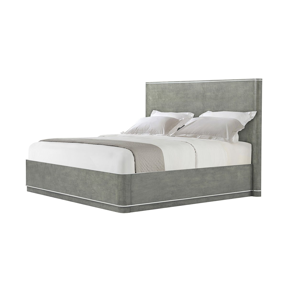 Grey Art Deco bed frame angled view with bedding.