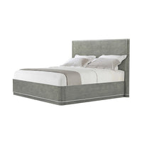 Grey Art Deco bed frame angled view with bedding.