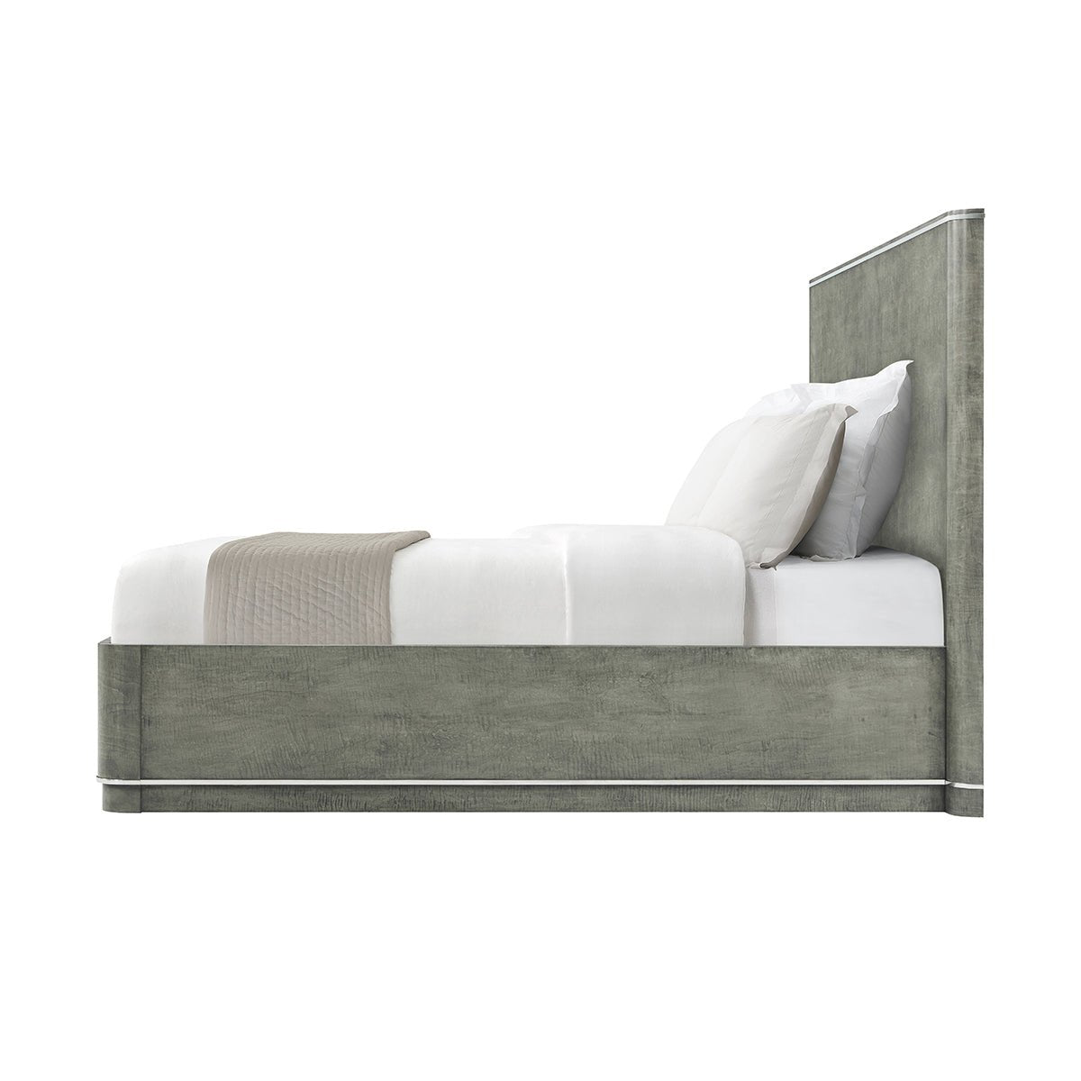 Side view of Grey Art Deco bed frame and bedding.