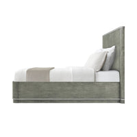 Side view of Grey Art Deco bed frame and bedding.