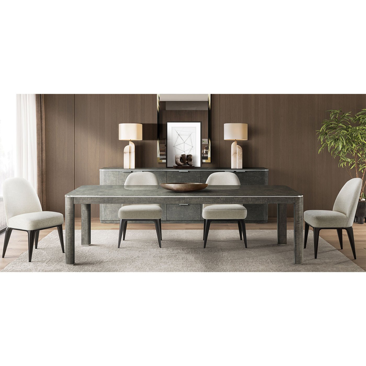 Dining table with chairs in stylish room setting.